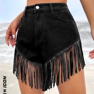 Fringe trim black denim shorts